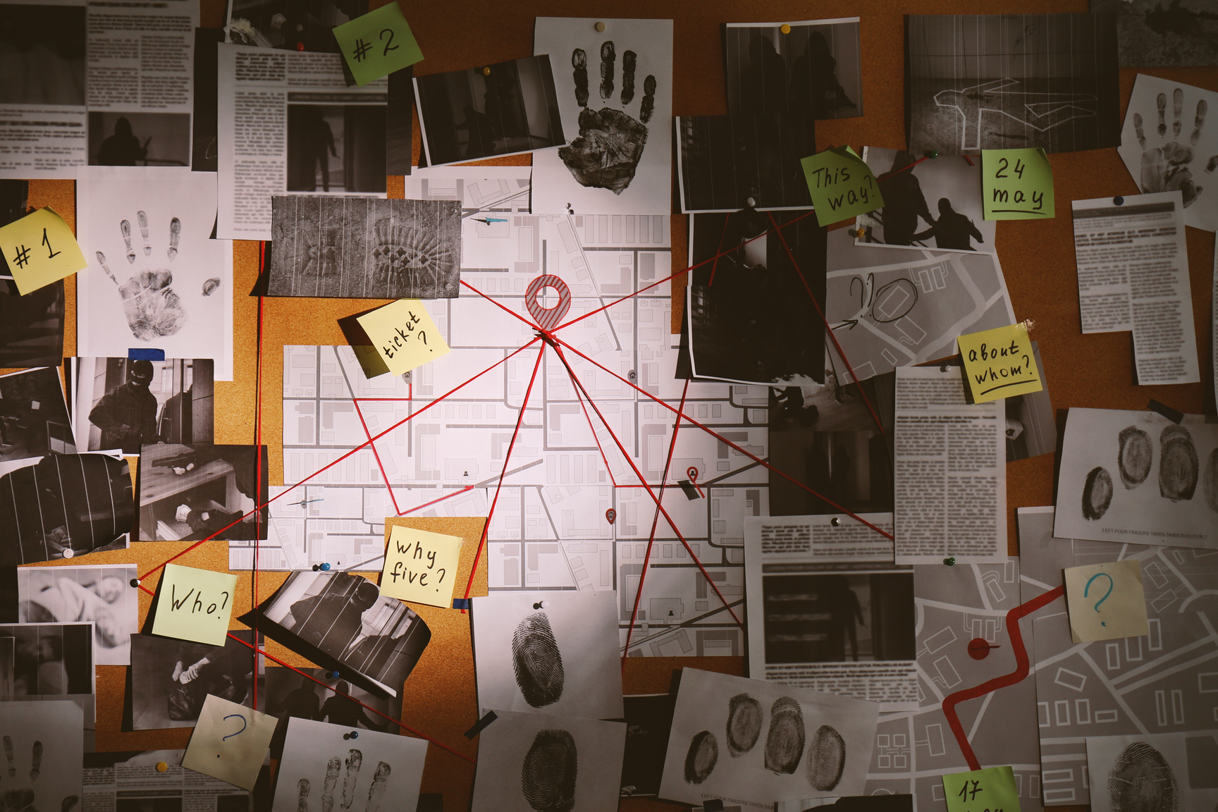 Detective Board with Fingerprints, Photos, Map and Clues Connect